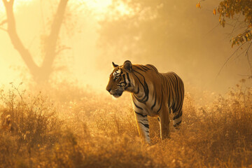 Fototapeta na wymiar A tiger in the misty morning light