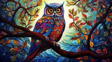 An owl hanging from a tree. Generative AI.