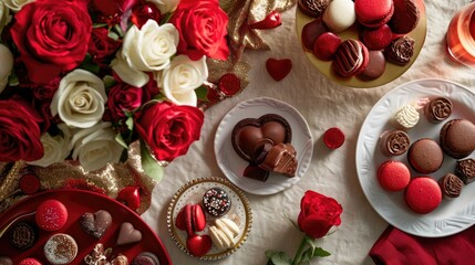 an intimate Valentine's dessert table, with a red and gold color scheme, chocolates, macarons, and a small bouquet of roses 