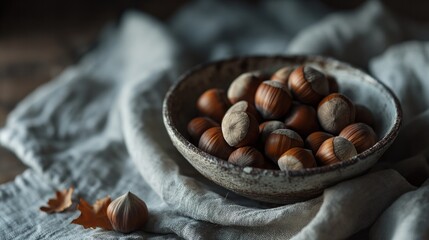 Hazelnuts on fabric rustic style background.