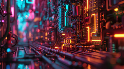 A Detailed and Intricate Circuit Board Illuminated by Multicolored Glowing Lights in a Futuristic...