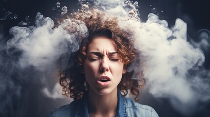 Portrait of an angry woman screaming and smoke come from his head and ears