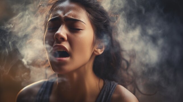 Portrait of an angry woman screaming and smoke come from his ears