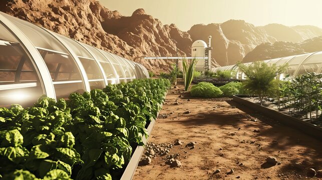 Agricultural activity on Mars illustrated, showcasing the potential for life and cultivation on the Red Planet. A vision of interplanetary farming. Generative AI
