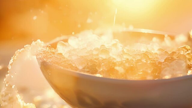 Closeup of a scoop of soft, creamy bath salts being sprinkled onto the surface of the water, dissolving into a luxurious concoction.