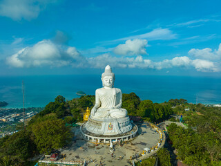 aerial photography scenery blue sky and blue ocean behind Phuket white big Buddha..Fog cover Phuket...