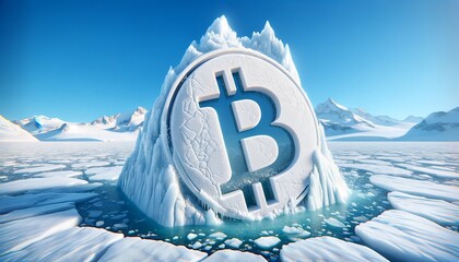 Frozen Bitcoin: Cryptocurrency Concept with Iceberg and Arctic Landscape - obrazy, fototapety, plakaty