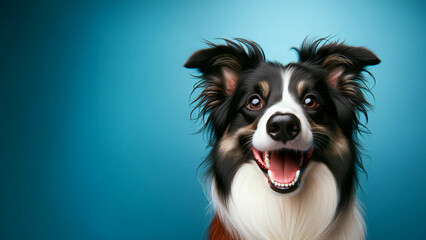 portrait of a Joyful border collie dog with happy funny expression isolated on a blue background, with space for text