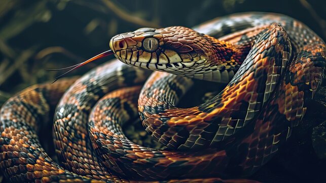 A beautiful snake coiled up, exuding a calm yet menacing demeanor. The illustration captures its elegant but dangerous nature. Generative AI.