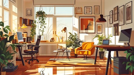 Fototapeta na wymiar A colorful and cozy home office illustration, blending comfort with productivity. A personal workspace that's both inviting and efficient. Generative AI