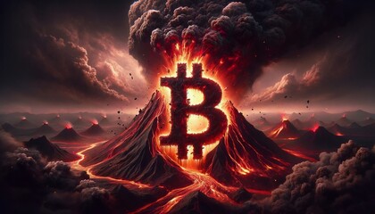 Volcanic Eruption of Bitcoin Symbol: A Metaphor for Market Volatility in Cryptocurrency. - obrazy, fototapety, plakaty