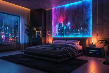 A modern bedroom with a 3D cyberpunk neon skyline wall featuring vibrant colors alongside a sleek...