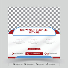 Business banner with whit, red and blue color background. Flat design vector with photo collage. Usable for social media, story and web internet ads.