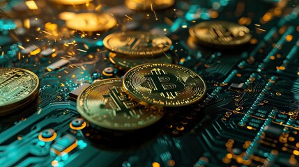 Cryptocurrencies integrated into electronic circuits, illustrating the pivotal role of technology in modern finance. A fusion of digital currency and tech. Generative AI
