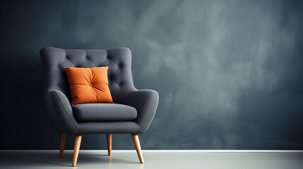 Ideas and references for modern armchair design. Bright studio space. Presentation and advertising of stylish furniture. Beautiful minimalistic background. Gray and orange. - obrazy, fototapety, plakaty