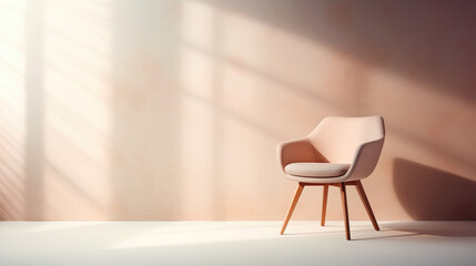Ideas and references for modern armchair design. Bright studio space. Presentation and advertising of stylish furniture. Beautiful minimalistic background. Peach colour. - obrazy, fototapety, plakaty