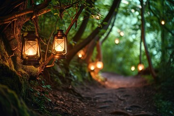 A magical forest path lit by hanging lanterns from wooden branches, their enchanting light leading adventurers and dreamers through the mystical woodland.