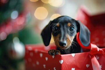A mischievous Valentine Dachshund puppy peeking out from a gift box, its delightful surprise adding an extra touch of joy to the lover's holiday. - obrazy, fototapety, plakaty