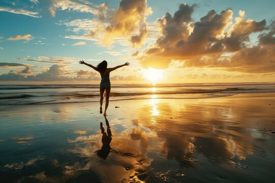 A radiant woman on the beach at sunrise, her joyful leap reflecting the fulfillment of her dreams and the start of a new chapter in her successful journey.