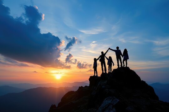 A silhouette of a family standing hand-in-hand on a mountain peak, their teamwork and unity symbolizing their collective victory and the power of family support.