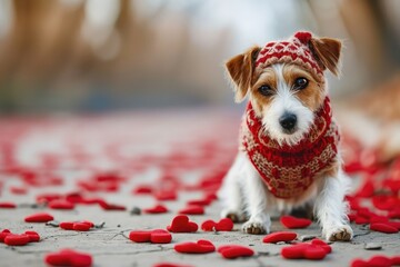 An adventurous pup dressed in Valentine's attire, ready to embark on a journey of love, with a...