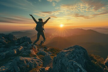 An adventurous woman, arms flung wide, jumps with exhilaration at the summit, welcoming the sunrise as a symbol of her achievements and the promise of new adventures.