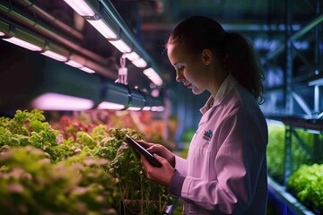 An agricultural engineer with a passion for plant health, moving through her vertical farm with a sense of purpose, her tablet a window to a world of data-driven cultivation.