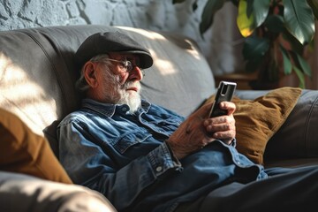 An aged man on the sofa, his smartphone a source of confusion and worry, symbolizing the broader challenges and fears faced by seniors in the age of digital revolution. - obrazy, fototapety, plakaty