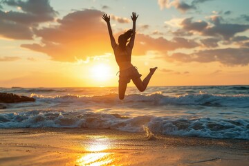 An adventurous woman celebrates her latest victory with a carefree jump on the beach, the sunrise behind her signaling a future of endless opportunities and achievements. - obrazy, fototapety, plakaty