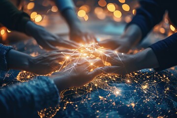 An artistic depiction of a team's hands coming together over a digital earth, the blockchain web beneath them a symbol of the robust and empathetic connections that drive global success. - obrazy, fototapety, plakaty