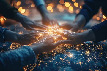 Foto op Plexiglas An artistic depiction of a team's hands coming together over a digital earth, the blockchain web beneath them a symbol of the robust and empathetic connections that drive global success. © Lucija