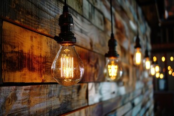 An artistic display of vintage Edison bulbs suspended in front of a reclaimed wooden wall, their warm, filament glow casting intriguing shadows and patterns.