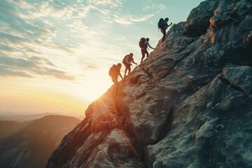 An image of a family climbing a steep mountain, each member supporting the other, symbolizing the strength of family bonds and the power of teamwork in achieving lofty goals. - obrazy, fototapety, plakaty