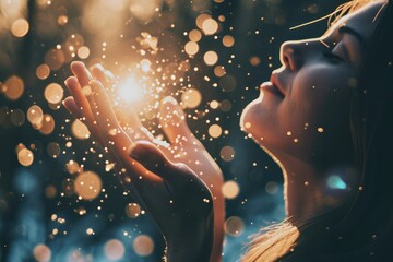 An image of hands gently holding a head radiating joy, symbolizing the power of positive thinking and the impact of empathy on mental well-being. - obrazy, fototapety, plakaty