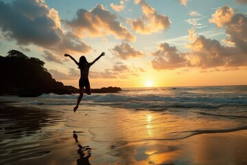 An inspired woman on the beach greets the day with a leap of joy, the sunrise painting a promising future for her continued success and happiness.