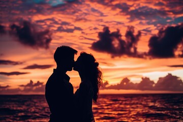 An inspiring silhouette of a couple sharing a kiss, the vibrant hues of the sunset behind them offering a moment of reflection and inspiration, a symbol of love's power.