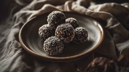 Chocolate bliss balls in ceramic plate on fabric rustic style background.