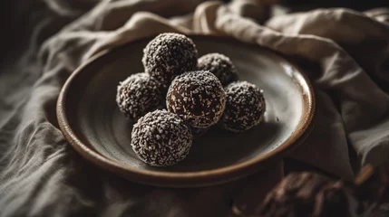Foto op Aluminium Chocolate bliss balls in ceramic plate on fabric rustic style background. © Pro Hi-Res