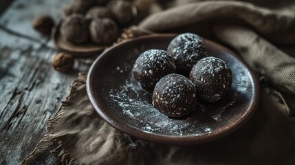 Chocolate bliss balls in ceramic plate on fabric rustic style background. - Powered by Adobe