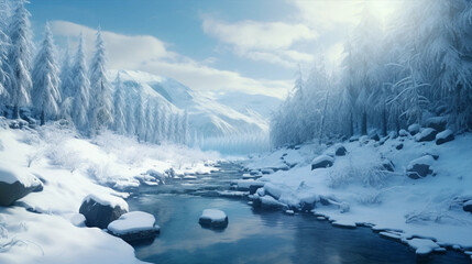 極寒の凍結した冬の地と日差し Sunshine in frozen winter land and River - obrazy, fototapety, plakaty