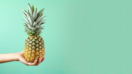 Hand holding Pineapple against light green background with text space