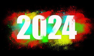 2024 Colorful powder explosion happy holi festival and new year 2024.