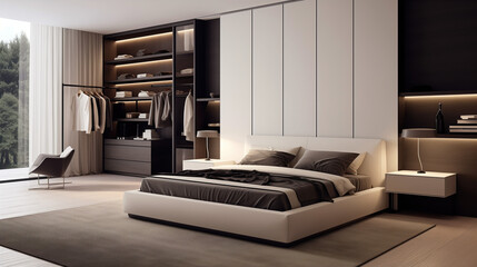 Ideas and reference for modern bedroom interior design. Home resting place, bed. Apartment and house. Lighting, bright space. A combination of light and dark. Wardrobe and clothes.