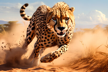 The agile cheetah, known as the fastest land animal, effortlessly sprints across the African plains, highlighting nature's remarkable design and the pursuit of speed and precision.