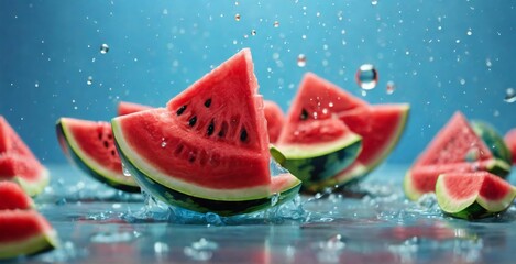 Water splashing on Sliced of watermelon on cyan background Generative Ai