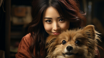 Warm portraits of a young woman and her dog; an Asian woman relaxing with her pet in a cafe; a beautiful woman and her long-haired dog lounging in a stylish interior,Generative AI