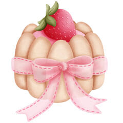 Romantic watercolor strawberry charlotte cake clipart with pink ribbon.Whimsical dessert illustration.