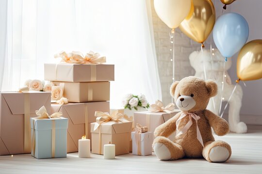 Baby shower decoration with gift boxes and toys