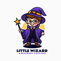 Vector Logo Illustration Little Wizard Mascot Cartoon Style.