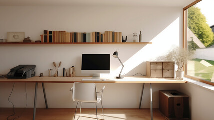 Workspace in an apartment and a private house. Remote work, programming, IT, design, SMM, lectures, video communications, live broadcasts, freelancing. Computer and laptop. Table, chair, lamp.